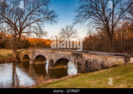 Winteruntergang an der Burnside Bridge, Antietam National Battlefield, Maryland USA, Sharpsburg, Maryland Stockfoto