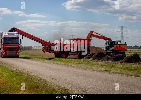 Die Ernte von Kartoffeln, beladen mit einem Kran in einer Kartoffelreinigungsmaschine, die Sand und Unkraut entfernt, bevor es in den LKW abgelagert wird Stockfoto