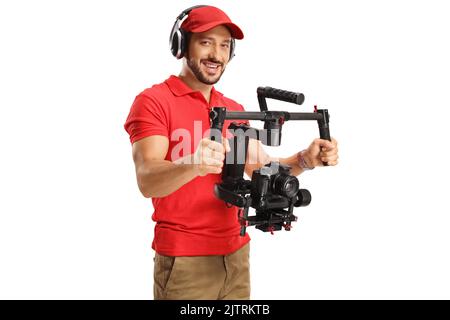 Mann, der einen Gimbal-Stabilisator der Kamera auf weißem Hintergrund verwendet Stockfoto