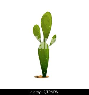 Cartoon Kaktus wächst in Wüstensand und Steinen isoliert Sukkulenten Kaktus. Vektor-Dschungelpflanze mit scharfen Dornen, stacheligen opuntia, wilde Wüstenblume. Wüstenkakteen exotische mexikanische Tropen Dschungel Einrichtung Stock Vektor