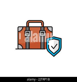 Gepäckversicherung isolierte Farbumrisssymbol. Vector Kofferschild, Gepäckschutz Sicherheitsschild. Reisegepäck sicher bleiben, sicher reisen Stock Vektor