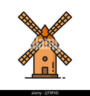 Deutscher Wahrzeichen Retro Windmühle isoliert Farbe Umriss Symbol. Vector Niederländische Holzwindmühle, ländliche Landschaft traditionelle holländische Steinmühle Stock Vektor