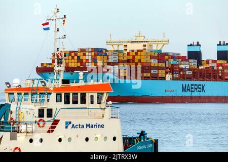 Nordsee an der Mündung der Elbe am Abend, Containerschiff Marchen Maersk, im Vordergrund das Offshore-Versorgungsschiff Coastal Legend Stockfoto