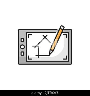 Website-Design auf Tablet, Zeichnung Haus durch Bleistift-Stick-Symbol-Vektor. Architect Entwicklung Online-Anwendung, Konstruktion auf mobilen Geräten Stock Vektor
