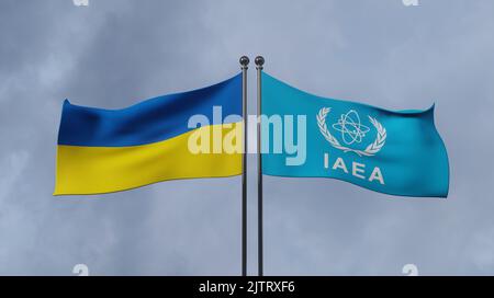 Internationale Atomenergiebehörde IAEA und Ukraine, Flagge IAEA und Ukraine, Copy Space, 3D Illustration und 3D Arbeit Stockfoto