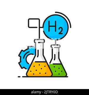 Wasserstoffproduktion, Farbsymbol für H2 chemische Bechergläser, Symbol für Vektorgrün. Erzeugung erneuerbarer Wasserstoff-Brennstoffe und elektrischer Ressourcen mit molekularchemischem Verfahren in Laborfläschentests Stock Vektor