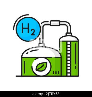 Wasserstoff-Produktionspipeline oder -Zisterne, Vektor-H2-Symbol für grüne Energiefarbe. Wasserstoff-Kraftwerk oder erneuerbare Brennstofffabrik von Sauerstoffzellen Elektrolyse oder Tankstelle lineare Symbol Stock Vektor