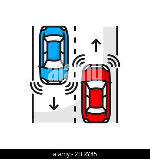 Autonome fahrerlose Autos auf der Straße im Verkehr, selbstfahrende Fahrzeuge mit Radarsensorik. Vector Fahrer weniger Autos und Ultraschallsignale Stock Vektor