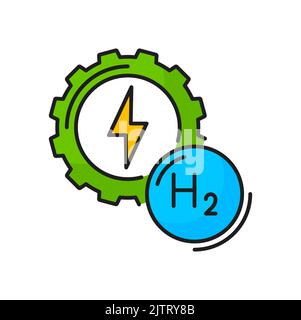 Wasserstoffgrüne Energiefarbe Symbol von H2 Molekülen und Industrie Zahnrad, Vektor-Linie Symbol. Wasserstoff-Stromproduktionstechnologie und erneuerbare Energiequelle, Wasserstoff-lineares Symbol Stock Vektor