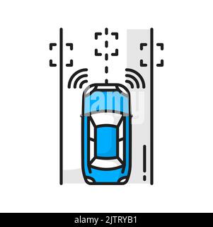 Fahrerloses autonomes Auto auf der Straße, selbstfahrendes Fahrzeug mit Radarsensor. Vector Elektroauto auf Autopilot, Verkehrsüberwachungssystem Stock Vektor