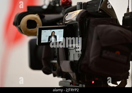 Wien, Österreich. 01. September 2022. Pressekonferenz mit Präsidentschaftskandidat Dominik Wlazny (Marco Pogo) im Presseclub concordia. Thema: „Wofür ich stehe.“ Präsentationsthemen und -Inhalte Stockfoto