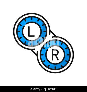 Kontaktlinsenbehälter Fall-Symbol, Augenophthalmologie, Optometrie und Laserchirurgie Vektor-Linien-Symbol. Kontaktlinsen-Verpackung mit L- und R-Symbolen, lineares Piktogramm für optische Linsen Stock Vektor