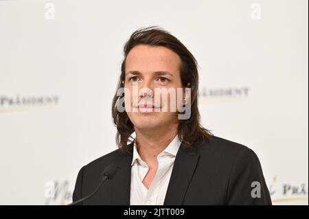 Wien, Österreich. 01. September 2022. Pressekonferenz mit Präsidentschaftskandidat Dominik Wlazny (Marco Pogo) im Presseclub concordia. Thema: „Wofür ich stehe.“ Präsentationsthemen und -Inhalte Stockfoto