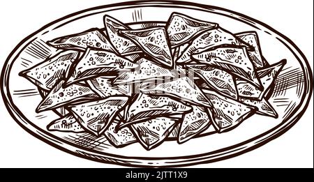Mexikanische Nachos für den traditionellen Urlaub in Mexiko, Vektorskizze. Cinco de Mayo oder 5. Mai Fiesta Symbol der mexikanischen Nachos Chips, handgezeichnete Skizze Stock Vektor
