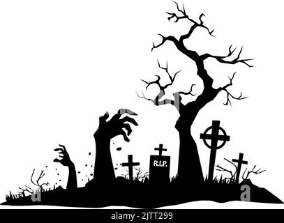 Schwarzes Halloween-Element. Ñemetery Landschaft mit toten Händen aus Gräbern. Vektor auf transparentem Hintergrund Stock Vektor