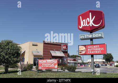 Greenwood - ca. August 2022: Jack in the Box Fast-Food-Restaurant. Jack-in-the-Box ist berühmt für seine zwei Tacos mit 99 Cent. Stockfoto