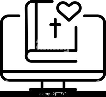 Monitor mit Heiligen Bibel und Herz umreißt Logo. Computer Linie Vektor-Symbol. Lineare Stil Zeichen für mobile Konzept und Online-Webdesign. Symbol Stock Vektor
