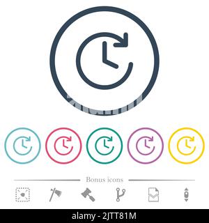 Kreisförmige Pfeil- und Uhr-flache Farbsymbole in runden Umrissen. 6 Bonus-Symbole enthalten. Stock Vektor