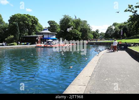 Der Bootssee im Lister Park, dem größten Park von Bradford, und im Manningham-Gebiet der Stadt in West Yorkshire, Großbritannien Stockfoto