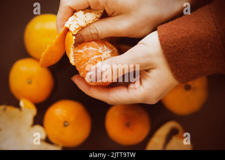 Eine Frau in einer Wolljacke mit braunen Ärmeln schält eine reife Mandarine aus der Schale. Richtige Ernährung. Ernährung und Obst. Mandarinen für das neue Yea Stockfoto