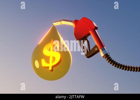 Diesel-Kraftstoffpumpenpistole mit einem großen Tropfen goldenem Öl, das ein glänzendes Dollarzeichen enthält. Illustration des Konzepts des steigenden Gaspreises Stockfoto