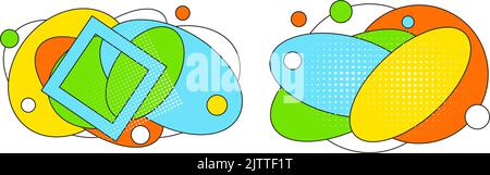 Abstraktes, geometrisches Pop-Art-Banner. Zine-Heap-Hintergrund von kreisförmigen Elementen. Stock Vektor