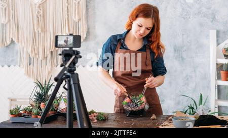 Florarium vlog Frau Smartphone Gartenarbeit Video Stockfoto