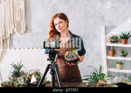 diy Florarium Video Kurs Frau Smartphone Stockfoto