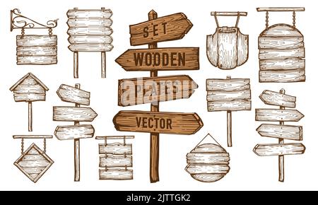 Setzen Sie Holzbanner, Schilderpfosten oder Bretter. Schild, Wegweiser mit Wegweisern. Skizzenvektor im Vintage-Stil Stock Vektor