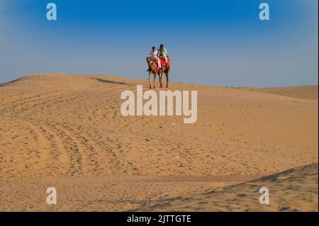 Thar Wüste, Rajasthan, Indien - Oktober 15. 2019 : Kamelbesitzer mit Kamelen, Camelus dromedarius, an Sanddünen der Thar Wüste. Kamelreiten. Stockfoto