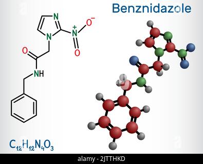 Benznidazol-Molekül. Es ist ein parasitäres Medikament, das bei der Behandlung der Chagas-Krankheit verwendet wird. Strukturelle chemische Formel, Molekülmodell. Vektorgrafik Stock Vektor