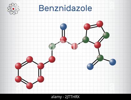 Benznidazol-Molekül. Es ist ein parasitäres Medikament, das bei der Behandlung der Chagas-Krankheit verwendet wird. Strukturelle chemische Formel, Molekülmodell. Blatt Papier i Stock Vektor