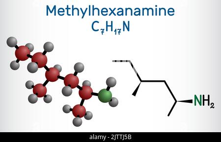 Methylhexanamin, Methylhexamine, Dimethylamilamin, DMAA-Molekül. Es ist Alkylamin, ein indirektes sympathomimetisches Medikament. Strukturelle chemische Formel, Maulwurf Stock Vektor