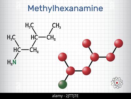 Methylhexanamin, Methylhexamine, Dimethylamilamin, DMAA-Molekül. Es ist Alkylamin, ein indirektes sympathomimetisches Medikament. Blatt Papier in einem Käfig. Vektor Stock Vektor