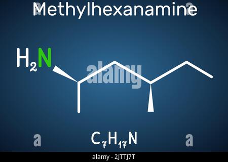 Methylhexanamin, Methylhexamine, Dimethylamilamin, DMAA-Molekül. Es ist Alkylamin, ein indirektes sympathomimetisches Medikament. Strukturchemische Formel auf Th Stock Vektor