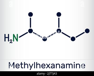 Methylhexanamin, Methylhexamine, Dimethylamilamin, DMAA-Molekül. Es ist Alkylamin, ein indirektes sympathomimetisches Medikament. Chemische Formel des Skeletts. Vektor Stock Vektor