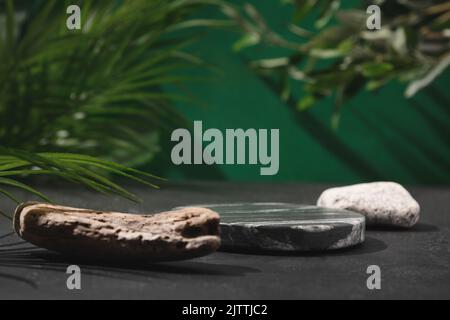 Komposition mit Podium aus Naturstein, Marmorständer und tropischen Blättern für die Gestaltung Ihrer Produkte . Seitenansicht. Stockfoto