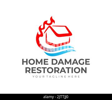 Haus Schäden Restaurierung, Wasserschaden und Feuer, Logo-Design. Konstruktion, Reparatur, Reparatur und Wartung, Vektordesign und Illustration Stock Vektor