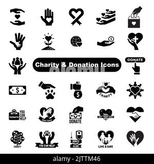 Charity und Spende Vektor Icons Sammlung - Set von Symbolen für World Charity und Spende Tag Zeichen und Symbole - Hilfe Hände, Herzgeld Blut Stock Vektor