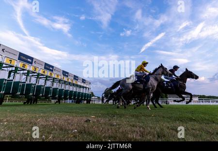 Haunted Dream unter Jockey Luke Morris (links) und Wootton'Sun unter Jockey Harrison Shaw (rechts) beim Start der William Hill Build Your Odds Racing League R28 während des Rennwochentreffens der Racing League 2022 Race Week 4 auf der Royal Windsor Racecourse, Berkshire. Bilddatum: Donnerstag, 1. September 2022. Stockfoto