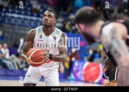 Retin Obasohan aus Belgien, abgebildet während des Spiels zwischen den belgischen Löwen und Georgien, Spiel eins von fünf in der Gruppe A bei der EuroBasket 2022, Donnerstag, 01. September 2022, im Tbilisi Sports Palace, in Tiflis, Georgien. Die Basketball-Europameisterschaft findet vom 1. Bis 18. September statt. BELGA FOTO NIKOLA KRSTIC Stockfoto