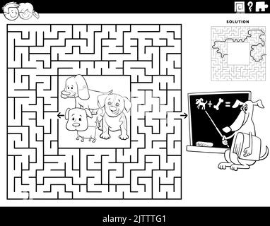 Schwarz-Weiß-Cartoon-Illustration der pädagogischen Labyrinth Puzzle-Spiel für Kinder mit kleinen Welpen und Lehrer Hund Färbung Seite Stock Vektor