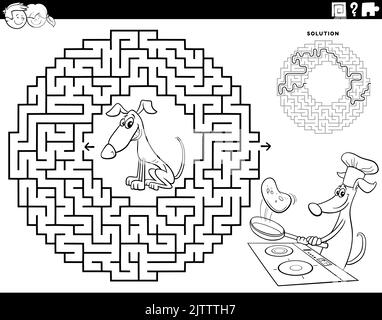 Schwarz-Weiß-Cartoon-Illustration der pädagogischen Labyrinth Puzzle-Spiel für Kinder mit Hund machen Pfannkuchen Malseite Stock Vektor
