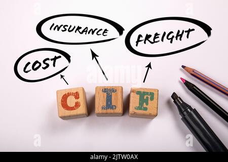 CIF - Kostenversicherung Fracht. Holzblöcke mit Buchstaben auf weißem Hintergrund. Stockfoto