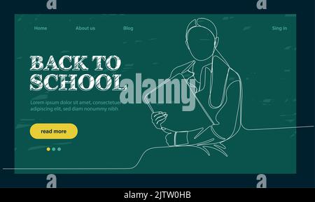 Landing-Page-Vorlage mit Globus, Brille und Stapel von Lehrbüchern.Zurück zur Schule Landing-Page-Vorlage. Umreißen Sie das Webbanner auf weißem Hintergrund. Vektordarstellung. Konzept-Website. Stock Vektor