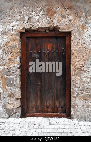 Nahaufnahme der dunklen Holztür mit metallischen Messing vintage Löwen Griffe und Dekor für Ihr Design. Retro-Vintage-Style. Speicherplatz kopieren. Strukturierter Hintergrund. Stockfoto