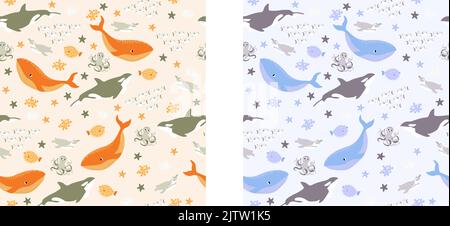 Vektor nahtlose Muster mit Fisch, Pinguin, Wal, Killerwal, Oktopus.Underwater Cartoon Creatures.Marine background.Cute Ozean-Muster für Stoff Stock Vektor