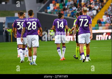Udine, Italien. 31. August 2022. ACF Fiorentina zeigt seine Enttäuschung während Udinese Calcio vs ACF Fiorentina, italienische Fußballserie A Spiel in Udine, Italien, August 31 2022 Quelle: Independent Photo Agency/Alamy Live News Stockfoto