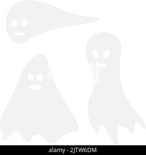 Vektor-Set aus drei Geistern für Halloween auf transparentem Hintergrund in trendiger Grautönen. Isolieren. Frohe Halloween. Modisches Druckdesign. Geeignet für Schriftzug, Poster, Gruß, Verpackung, Banner Stock Vektor