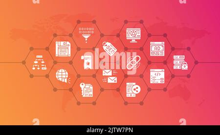 SEO flaches Design Konzept Illustration. Lesezeichen, Hosting, Hyperlink, Werbung, Datenübertragung für das Banner und die Landing Page der Website. Stock Vektor